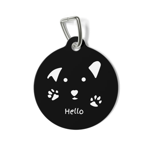 Dog Tag ID - White Dog Face with Paws 'Hello'